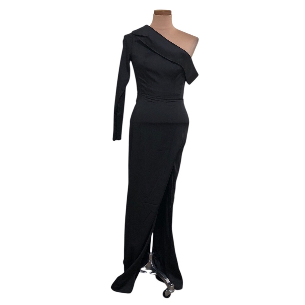 NWT IEENA MAC DUGGAL Long Sleeve Drop Shoulder Tuxedo Gown Size 0 Black